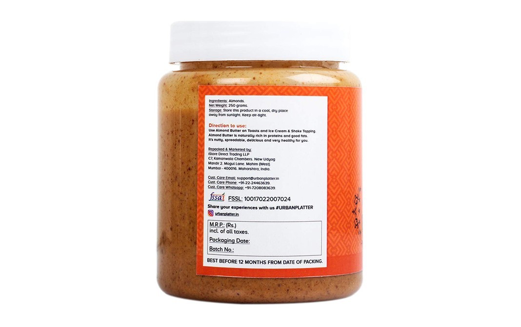 Urban Platter Unblanched Almond Butter    Plastic Jar  250 grams